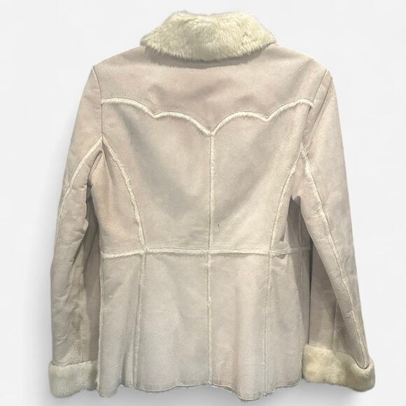 Y2K Guess Cream Genuine Suede Coat Faux Fur Lined Collar 90s Minimalist Small - Picture 4 of 13